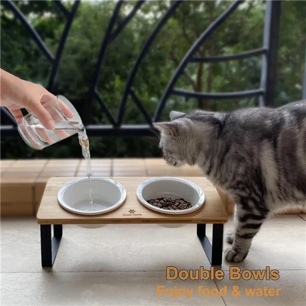 Ceramic Elevated Cat Bowls, Raised Puppy Dishes for Food and Water, Bamboo Stand